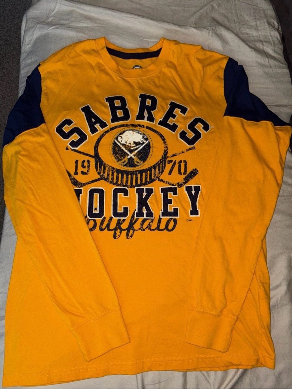 NHL Buffalo Sabres Gold and Navy Long Sleeve Tee